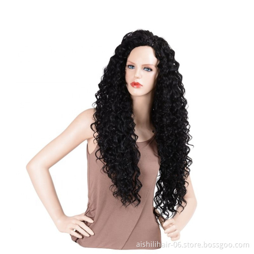 factory price black long roll wig, 24-inch artificial wool lace front wig, no kink and curl lace front wig synthetic hair wigs
